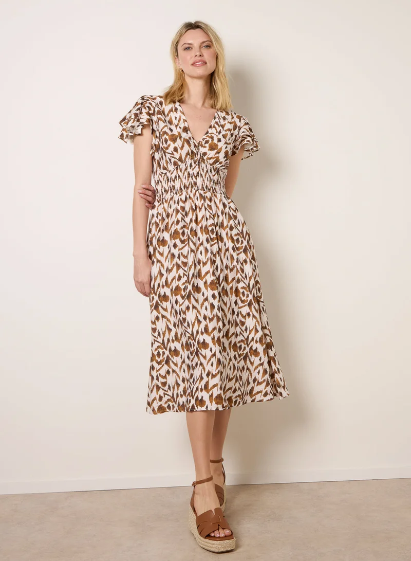 بلو فانيلا Printed V Neck Frill Sleeve Midi Dress